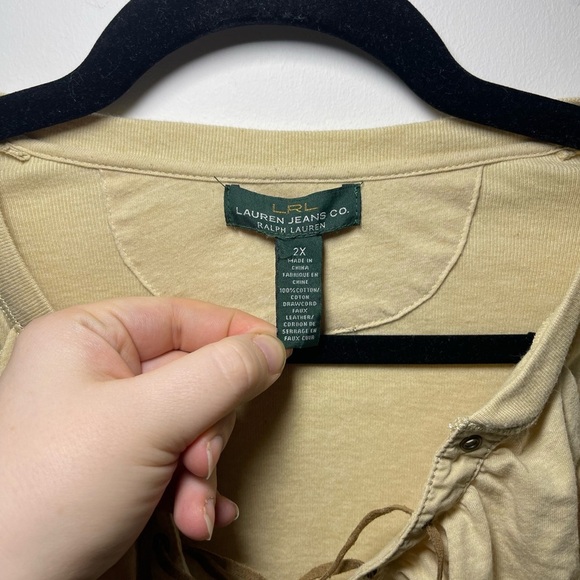 Lauren Ralph Lauren women’s Tan lace up ruffle equastrian 3/4 sleeve top in 2X - Picture 3 of 6